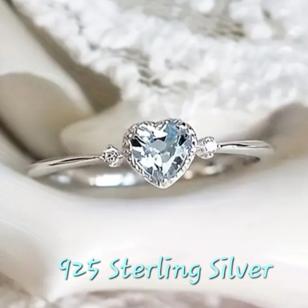 925 Sterling Silver Halo Heart Water Stone Ring Size 7. Fast Ship